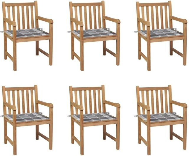 6er Set vidaXL Gartenstühle aus Teak-Massivholz mit grauen Karomuster-Kissen und Armlehnen - Bild 1