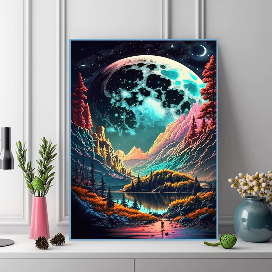 Momoart DIY Diamantmalerei Berglandschaft mit Fluss und Mond als Wanddekoration, Mehrfarbig - Bild 3