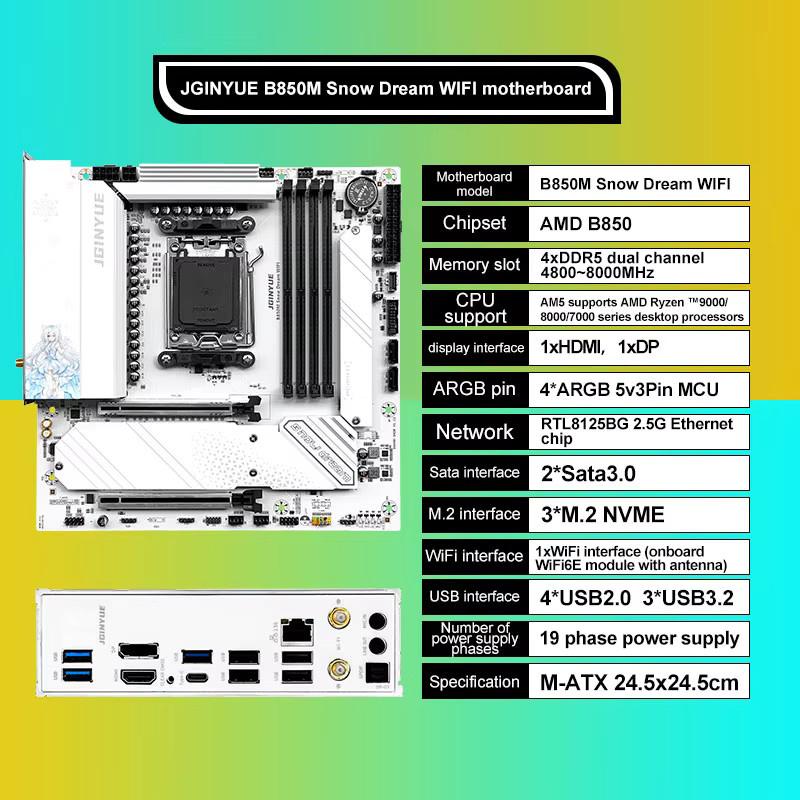 JGINYUE B850M Snow Dream WIFI Motherboard Sockel AM5 in Weiß mit DDR5-Unterstützung für Ryzen 9000/8000/7000 Serie - Bild 3