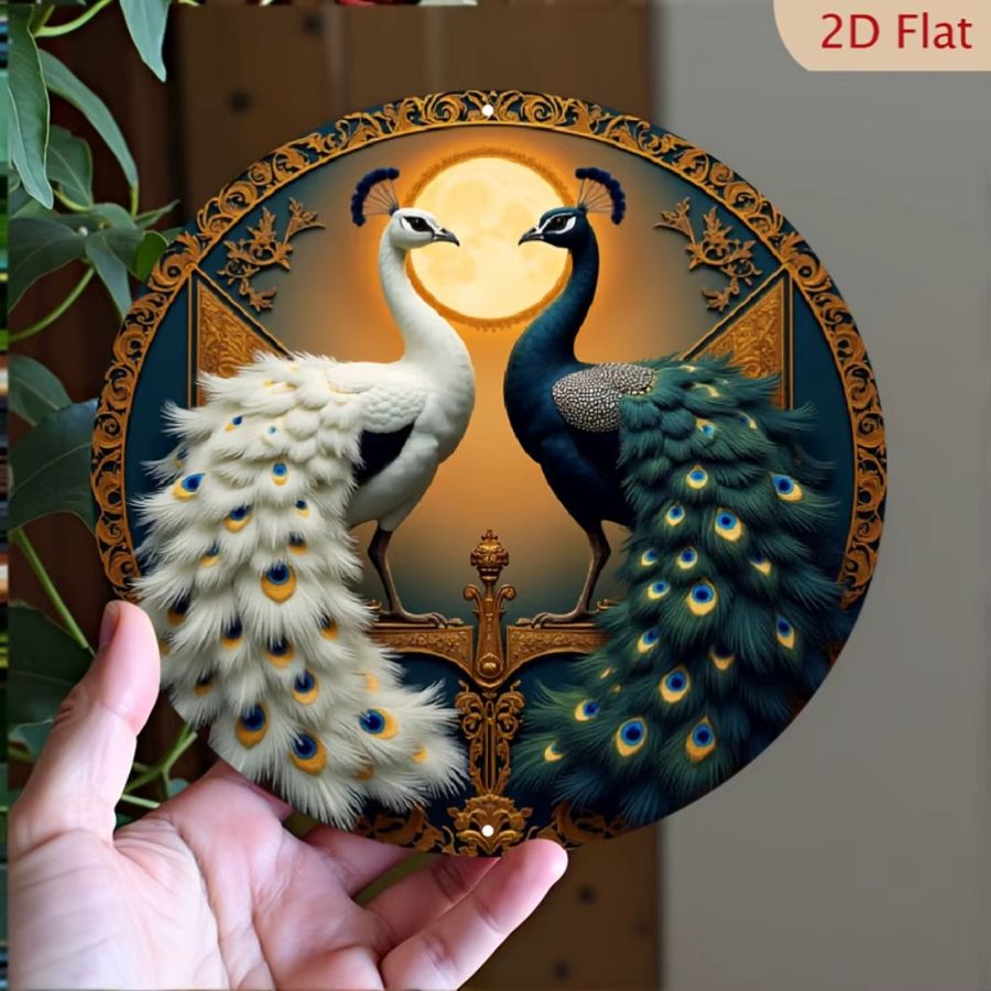 HELLOYOUNG Vintage Wanddekoration aus Metall mit Pfauen- und Hahn-Motiv, rundes Aluminiumschild in Gold-Optik - Bild 2