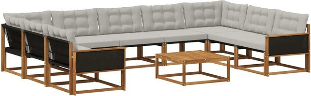 vidaXL Outdoor-Sofagarnitur in U-Form aus massivem Akazienholz mit 10 Textilene-Kissen, Farbe: Natur und Grau - Bild 1