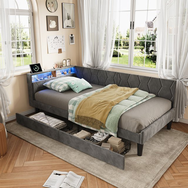 Anajqaqia Einzelbett im Sofa-Stil aus grauem Samt mit 2 Metall-Aufbewahrungsschubladen, B/T/H: 90 x 200 cm - Bild 1