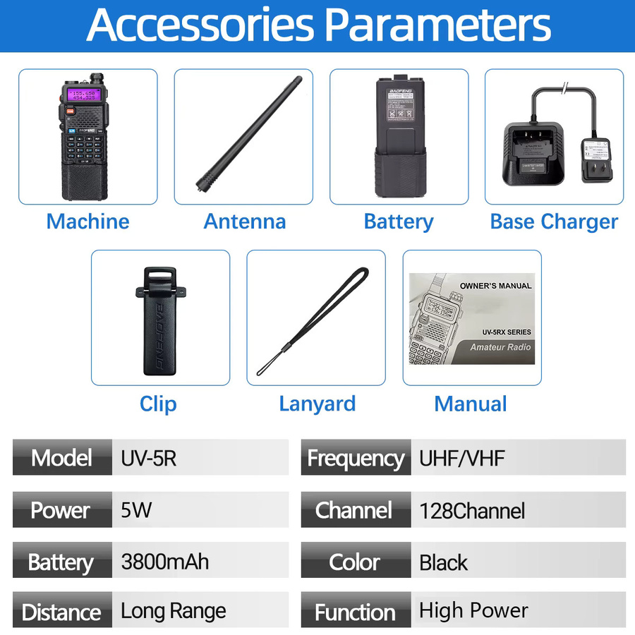 Baofeng UV 5R Walkie Talkie Akku mit 3800 mAh und USB-Ladegerät, UHF/VHF Dual Band Transceiver in Schwarz - Bild 4