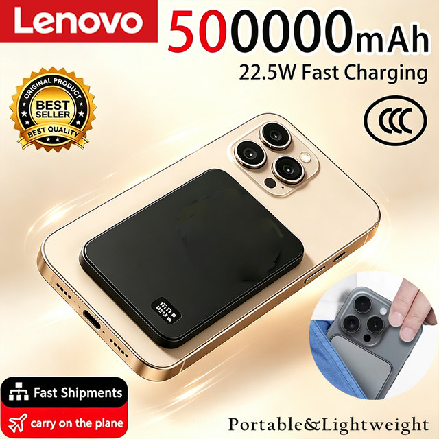 Lenovo Magnetische Powerbank Ultra-Slim Kabelloses Schnellladegerät PD 22.5W für MagSafe in Schwarz mit 30000 mAh Kapazität - Bild 1
