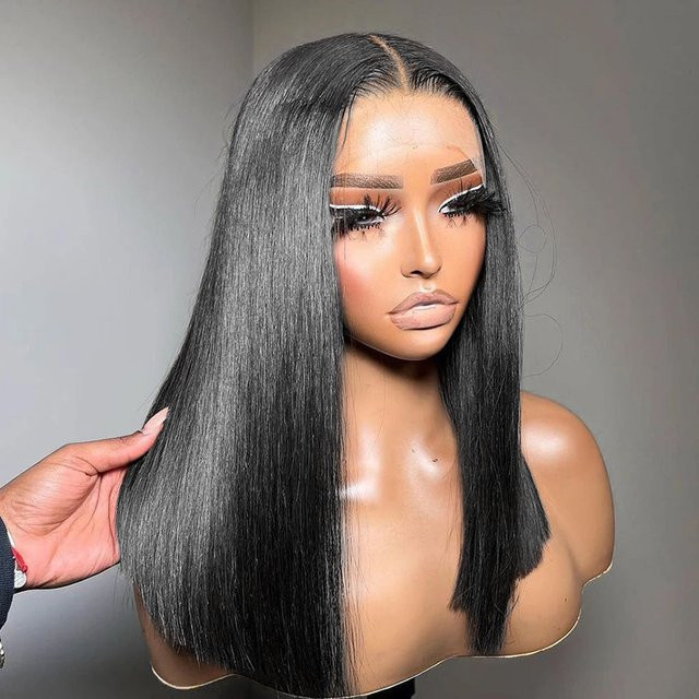 HJ WEAVE BEAUTY Echthaar-Perücke, kurze Bob-Perücke, gerade, natürliches Schwarz - Bild 1