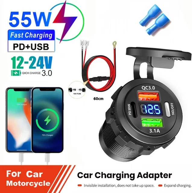 Kebidumei Autoladegerät mit USB-C und Dual USB 3 Ports Schnellladebuchse, wasserdicht mit Voltmeter, Schwarz, 12 V/24 V Adapter für Boot und Motorrad - Bild 1