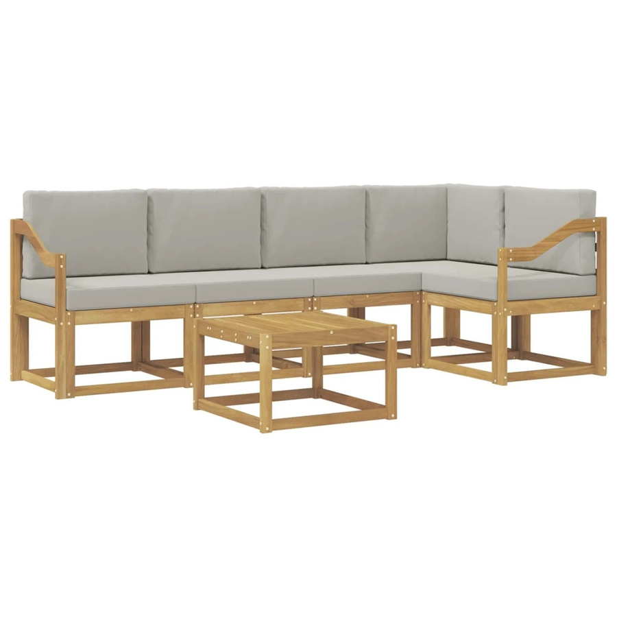 vidaXL Outdoor-Sofagarnitur 6-teilig in L-Form aus massivem Akazienholz mit Polstern in Weiß und Hellgrau - Bild 2