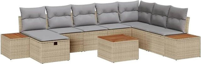 vidaXL Garten-Sofa-Set aus Polyrattan in Beige mit 9 Teilen, Polsterkissen und Couchtisch - Bild 1