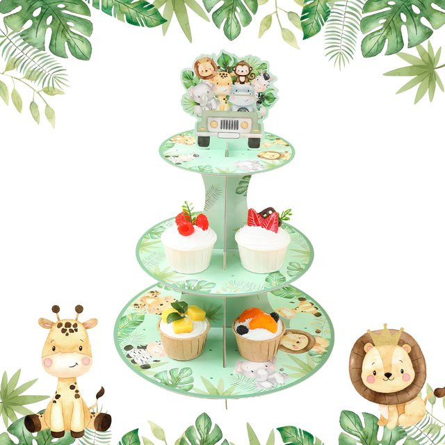 Huiran 3-stöckiger Kuchenständer mit Cartoon Dschungel und Safari Wildtier-Motiv für Geburtstag, Baby Shower und Cupcake-Display - Bild 1