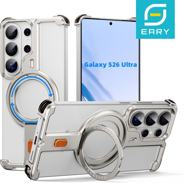 Eary Handyhülle für Samsung Galaxy S26 Ultra in Schwarz mit 360 Grad Schutz, Metallrahmen und drehbarem Magnetständer sowie Displayschutz - Bild 1
