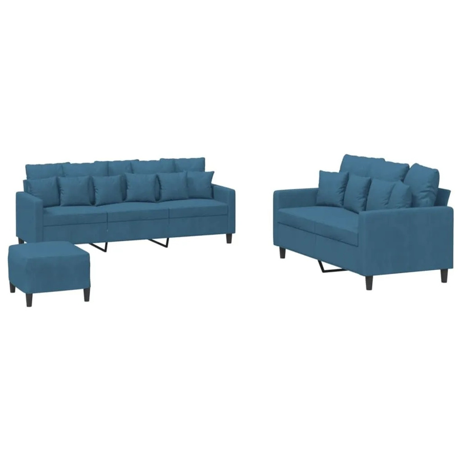 vidaXL 3-teilige Sofagarnitur aus Samt in Blau mit 2-Sitzer, 3-Sitzer und Ottoman sowie Kissen - Bild 2