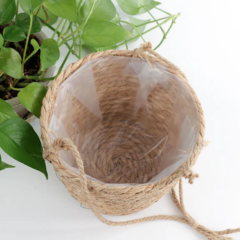 Dekorativer Blumenkorb von TOMTOP JMS aus Stroh und Jute in Braun im rustikalen Retro-Stil mit floralem Design und runder Form zum Aufhängen - Bild 4