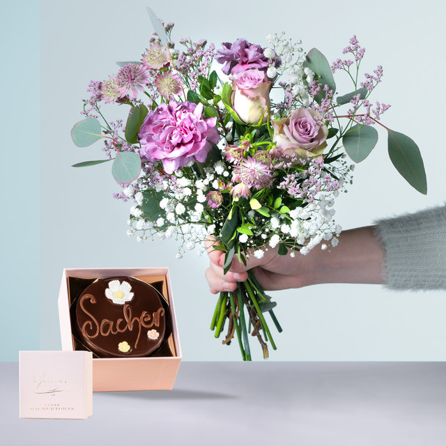 Blume2000 Blumen Sachertorte Arrangement Mixed Rose Carnation Gypsophila multicolour - Bild 1