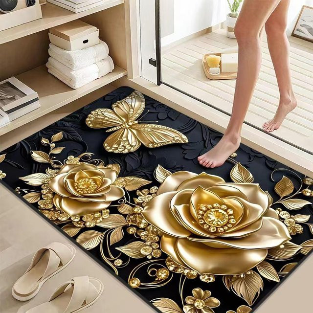 Warm Magpie Home Badezimmerteppich mit 3D-Blumenmuster in Gold, super saugfähig, rutschfest und schnelltrocknend, B/L: 80 x 120 cm - Bild 1