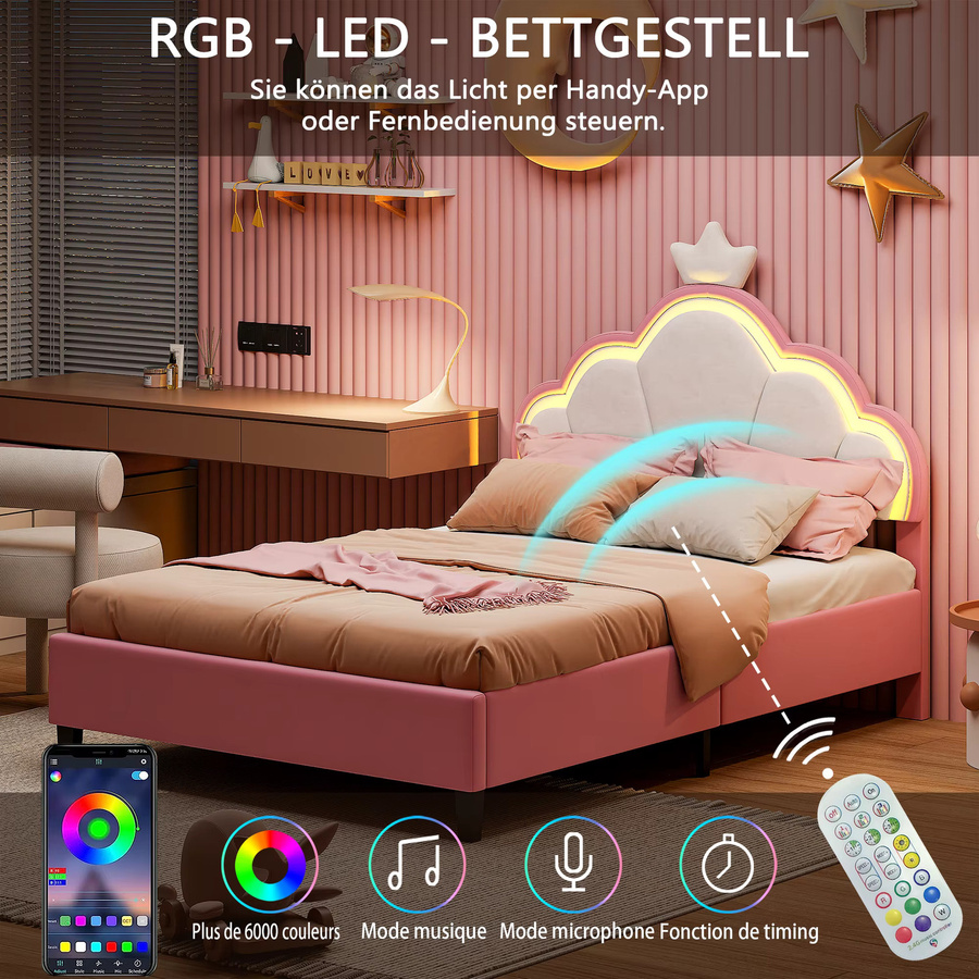 Superaly Polsterbett Einzelbett mit Kronen-Kopfteil aus Samtstoff in Rosa, B/T: 90 x 200 cm - Bild 3