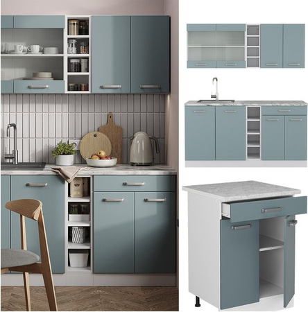 Vicco R-Line Küchenzeile Solid modern in Weiß, Blau und Grau mit Arbeitsplatte, Breite: 160 cm