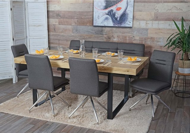 Esszimmer-Set MCW-H70 Sitzgruppe in Grau-Braun mit Stoff und gebürstetem Edelstahl, Breite: 160 cm - Bild 1