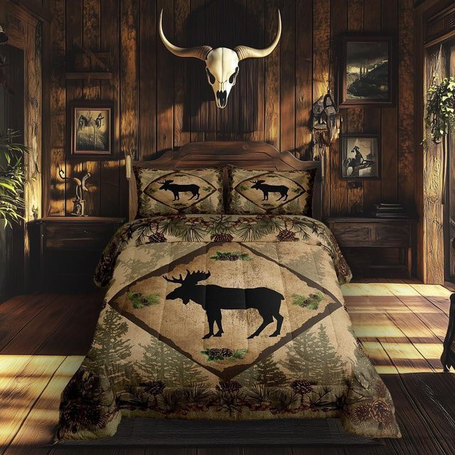 3-teiliges Lodge-Hütten-Bettwäsche-Set mit Wildhirschgeweih und Kiefern, Retro-Karomuster in Braun, Queen Size, B/H: 210 x 210 cm - Bild 1