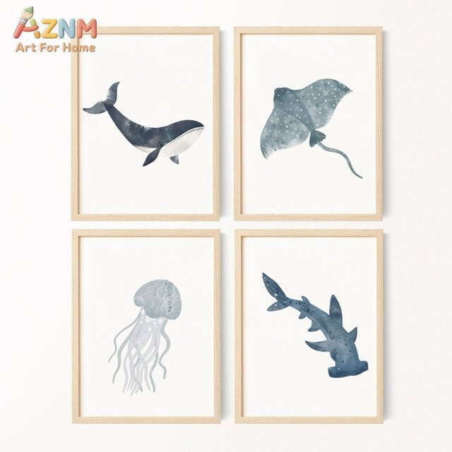 AZNM Aquarell Meeresbewohner Wal Qualle Stachelrochen Leinwand Wandkunst in Blau, minimalistisches nautisches Design für Kinderzimmer, ungerahmt - Bild 1