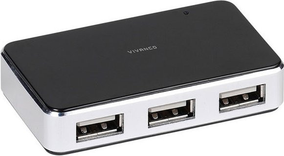 Vivanco IT-USBHUB4PWR USB 2.0 Hub mit 4 Ports, aktiv mit Netzteil, Metallgehäuse, Schwarz/Silber - Bild 1