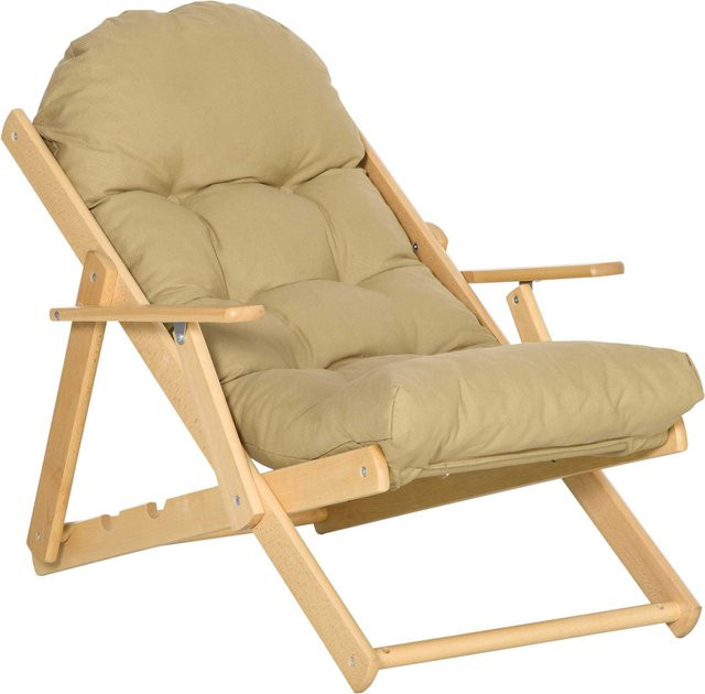 HOMCOM Relaxsessel klappbar aus Buchenholz mit Leinenoptik in Braun, B/T/H: 71 x 89 x 96 cm - Bild 1
