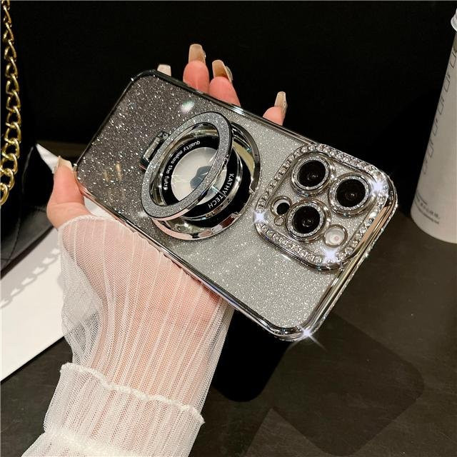 Yiran Luxus Glitzer Handyhülle mit Ständer und Diamant-Rahmen für iPhone 16 Pro Max, 15, 14, 13, 12, 11 Plus in Silber Transparent - Bild 1