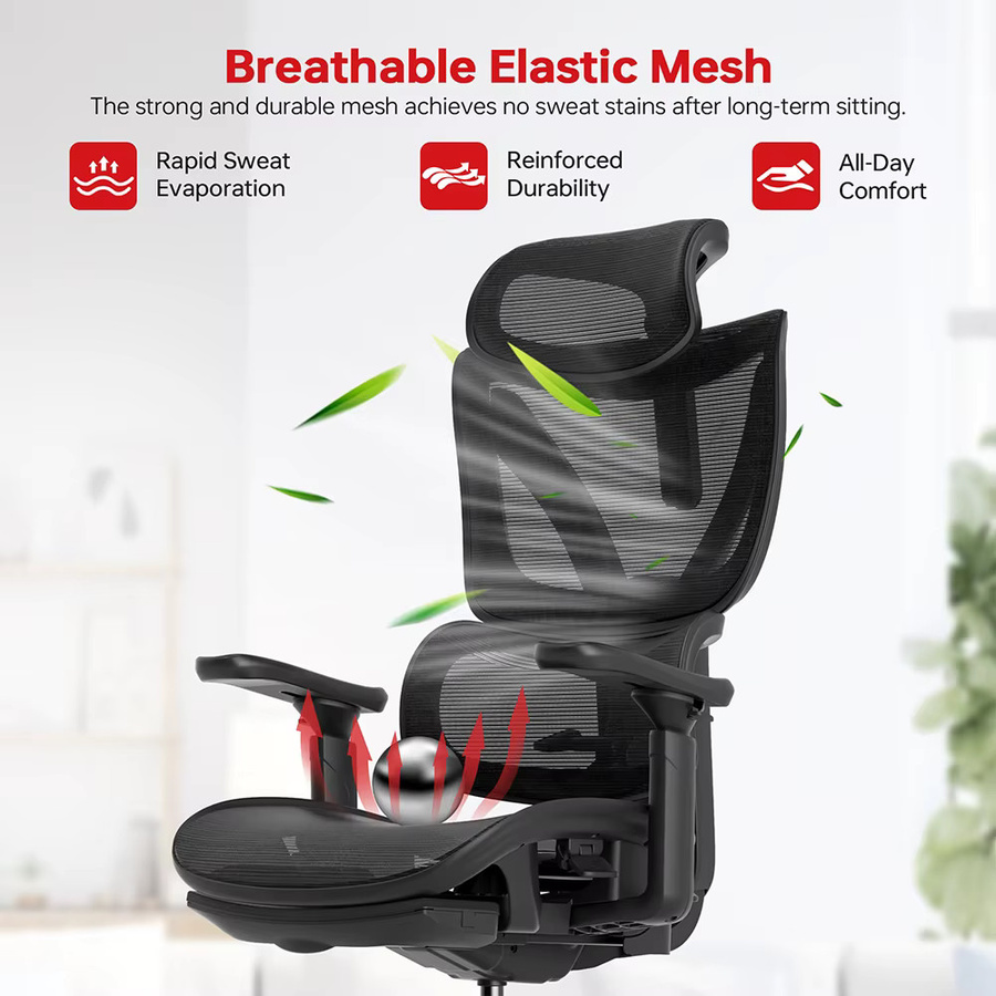 ACGAM CG-5245M Ergonomischer Gaming-Stuhl in Schwarz mit atmungsaktivem Netzstoff, verstellbarer Lendenwirbelstütze, 3D-Armlehnen und 2D-verstellbarer Kopfstütze - Bild 5