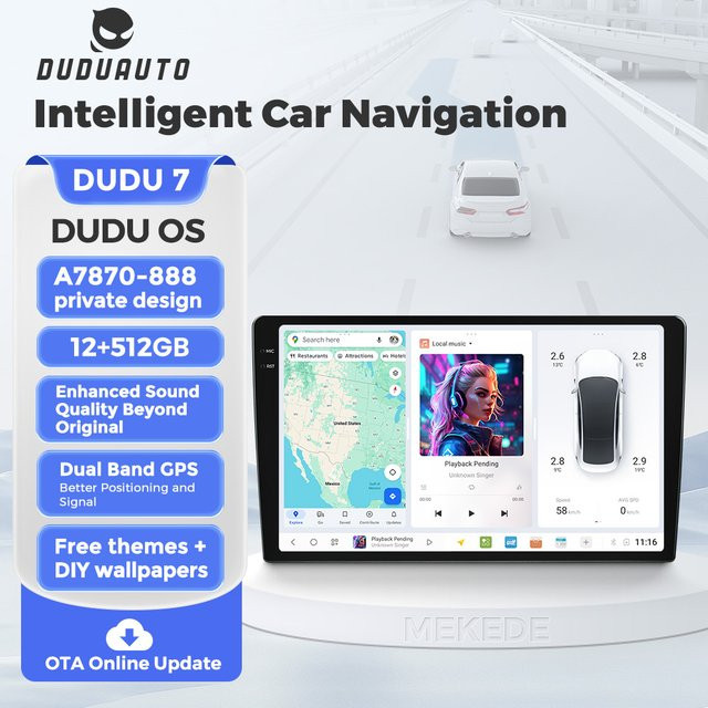 DUDUAUTO DUDU7 Android 13 Universal Autoradio mit 12 GB RAM + 512 GB Speicher, Drahtloses Carplay, GPS und Bluetooth in Schwarz - Bild 1