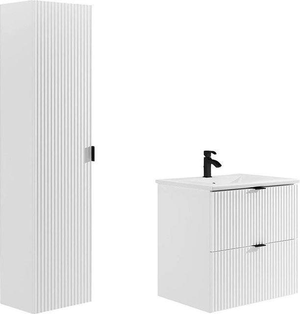 ZEVINI Badmöbel-Set in Weiß mit Streifenoptik, bestehend aus Waschbeckenunterschrank, Einbauwaschbecken und Badhochschrank, Breite: 60 cm - Bild 1