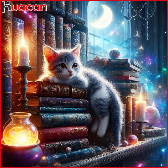 Huacan DIY Diamantmalerei Katze und Buch als Stickerei-Set für die Wanddekoration, Mehrfarbig, B/T/H: 20 x 20 x 20 cm - Bild 1
