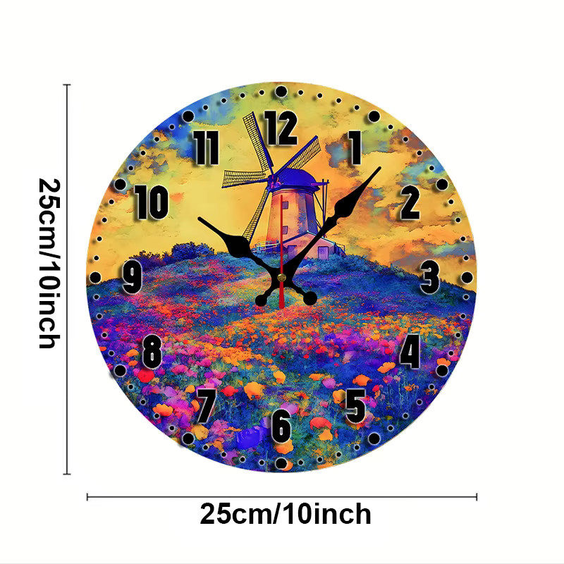 Windmill Field Wanduhr aus Holz, rund, analog, geräuschlos, Mehrfarbig, Durchmesser: 25 cm - Bild 2