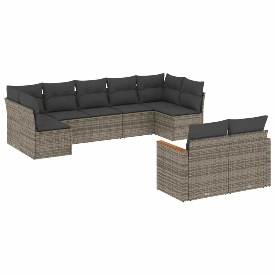 vidaXL 9-tlg. Garten-Sofagarnitur in U-Form aus Polyrattan und Akazienholz mit Kissen in Grau - Bild 2
