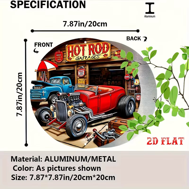 Potdemiel Vintage Metallschild Hot Rod Garage Rundes Aluminium Poster Retro Design Durchmesser: 20 cm - Bild 2