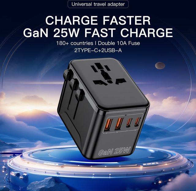 HKLAMIN 25W GaN 4-Port Schnellladegerät All-in-One Internationaler Reiseadapter mit 2 USB-C und 2 USB-A Anschlüssen in Schwarz - Bild 1