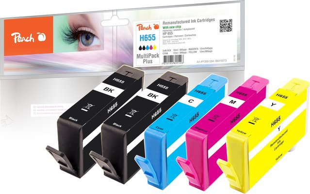 Peach Druckerpatronen Set für HP No. 655, 5er Pack (2x Schwarz, Cyan, Magenta, Gelb), wiederaufbereitet, kompatibel mit HP DeskJet Ink Advantage 3525 - Bild 1