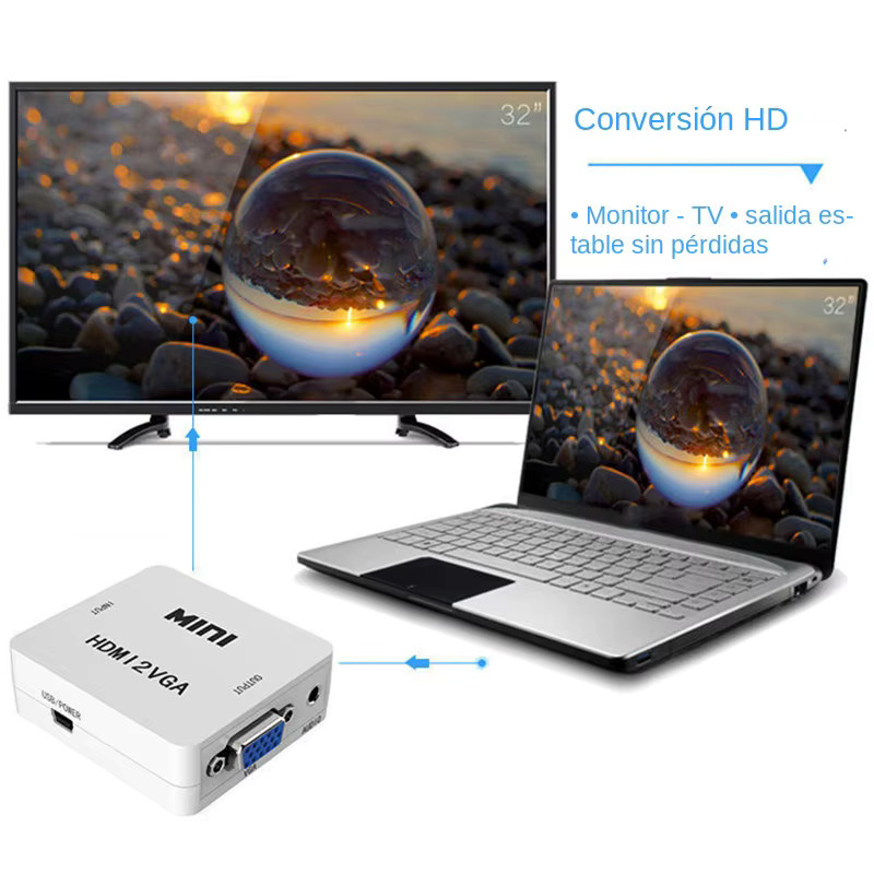 Kebidumei VGA zu HDMI Adapter mit Audio-Schnittstelle in Weiß für Notebook, PC und Konsolen, Full HD 1080p Konverter - Bild 1