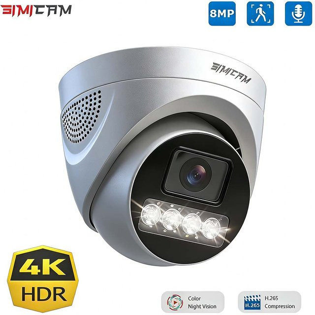 SIMICAM IP PoE Sicherheits-Dome-Kamera mit 4K 8MP Auflösung, Onvif, H.265, Audio-Option und Farb-Nachtsicht in Weiß - Bild 1