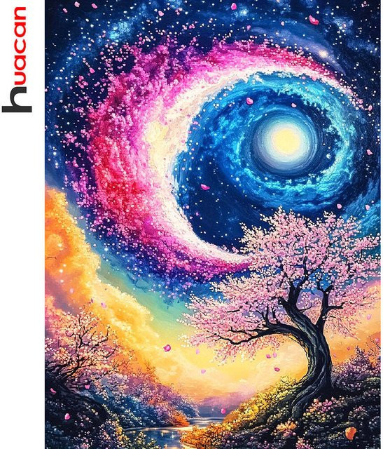 Huacan Diamantmalerei Set Planet Landschaft mit Mond und Baum, Mehrfarbig, B/H: 30 x 20 cm - Bild 1