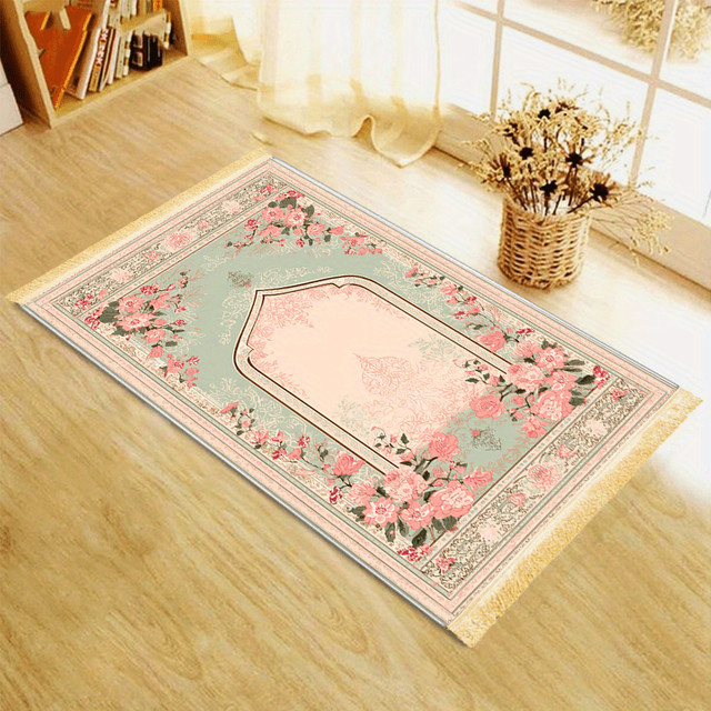 VIKAMA Gebetsteppich mit floralem Blumenbogen-Design in Rosa und Grün, tragbare muslimische Gebetsmatte für Wohnzimmer und Schlafzimmer - Bild 1