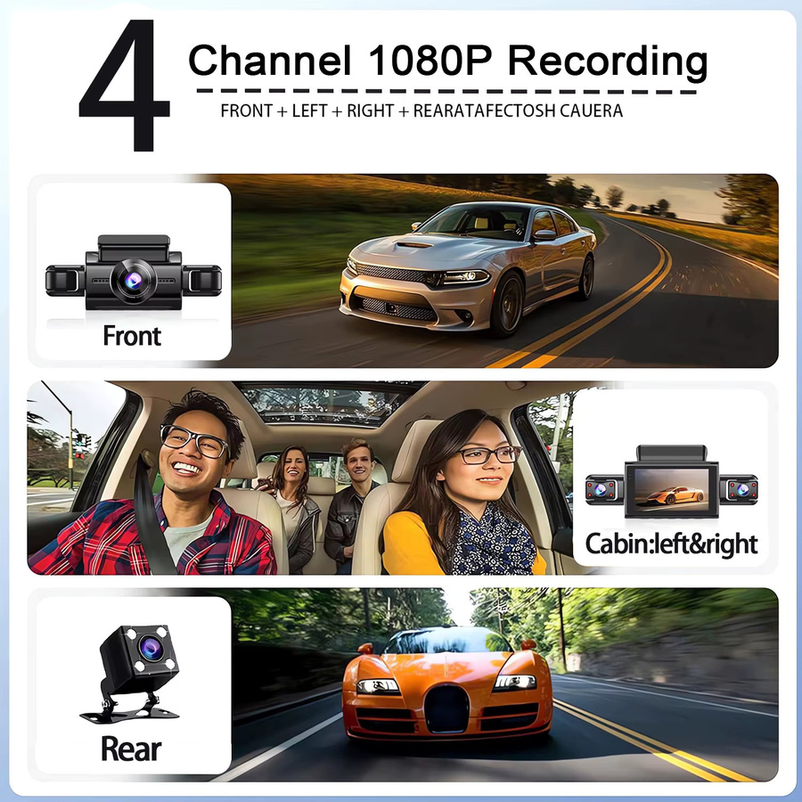 MYOLSD 4-Kanal Dashcam mit 1080P Auflösung und 360-Grad-Funktion, 4-Linsen Auto-DVR mit WIFI-App, Front- und Rückfahrkamera inklusive 24-Stunden-Parküberwachung, Schwarz - Bild 5