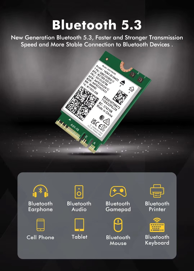 Intel AX210 WiFi 6E WLAN Karte mit Bluetooth 5.3, Tri-Band, 2,4 Gbit/s, M.2 NGFF Schnittstelle - Bild 3