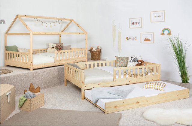 TiCAA 2 in 1 Hausbett Bodenbett aus Kiefer Massivholz mit abnehmbarem Dach Duo, Weiß - Bild 1