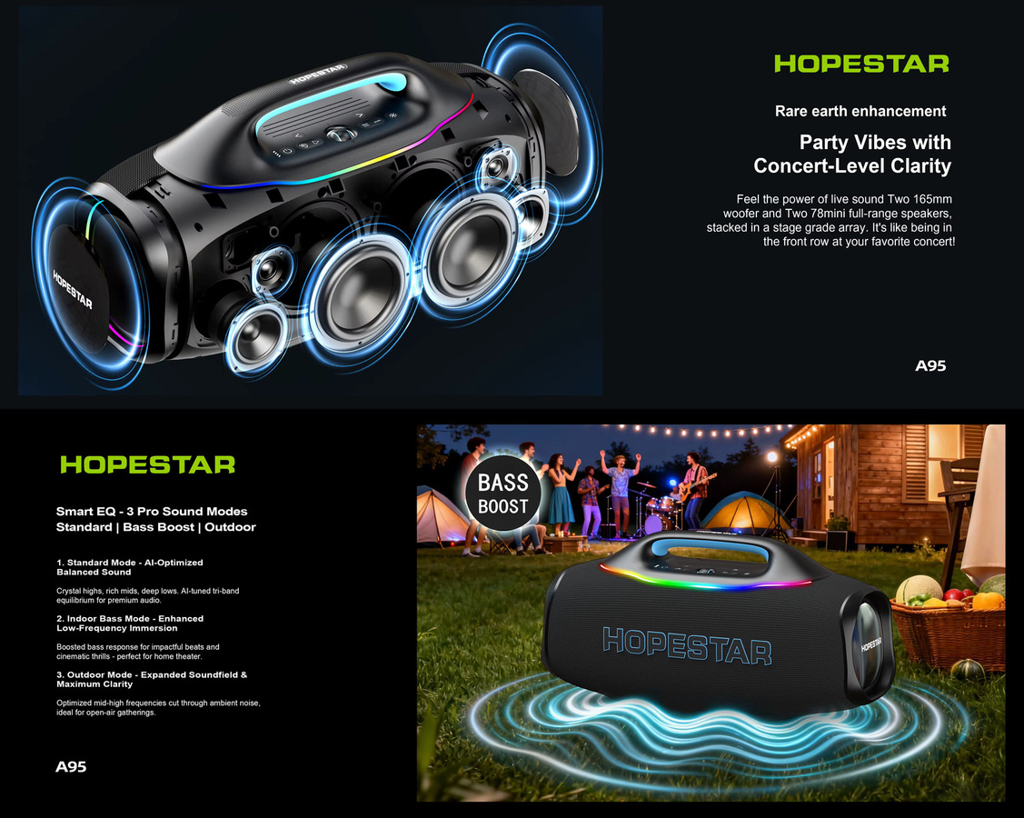 HOPESTAR A95 Tragbarer Bluetooth-Lautsprecher mit 580W, UHF-Funkmikrofon, 40000mAh Akku und RGB-Licht in Schwarz oder Grün - Bild 4