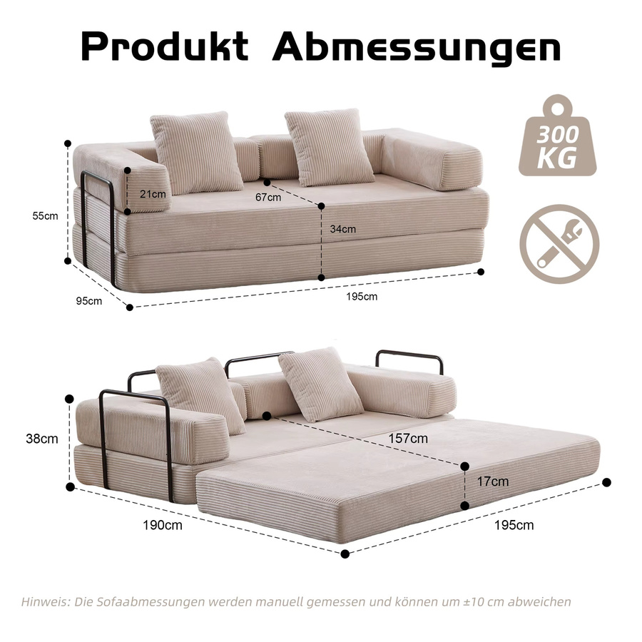 4-in-1 Klappbares Cord-Schlafsofa als Umwandelbares Bodensofa und Gästebett mit Hochdichtem Schaumstoff in Beige oder Grau - Bild 5