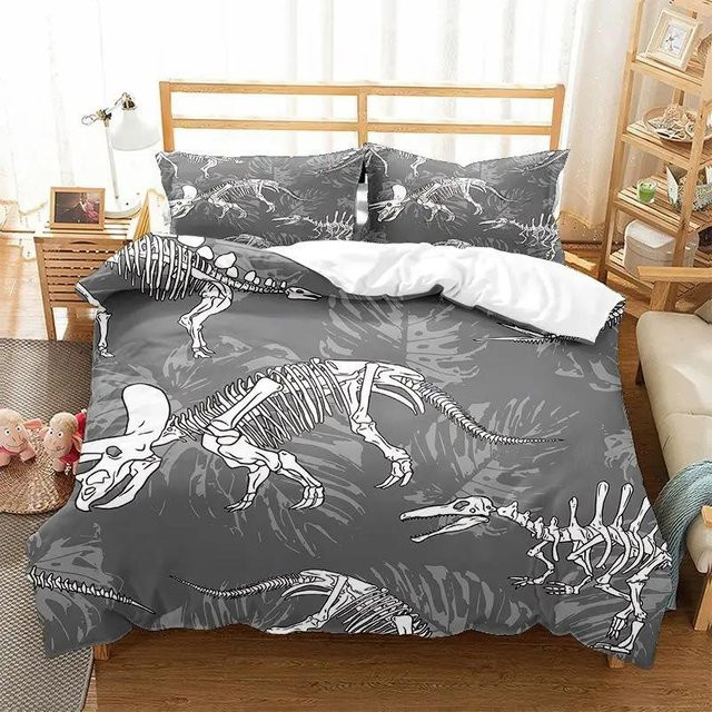 Bettwäsche-Set mit Dinosaurier-Knochen-Skelett-Print für Kinder aus Mikrofaser, Grau, B/H: 135 x 200 cm - Bild 1