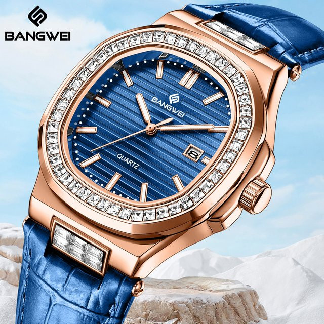 BANGWEI Chronograph Armbanduhr, Leder, Quarz, Eckig, Damen, Blau, Roségold - Bild 1