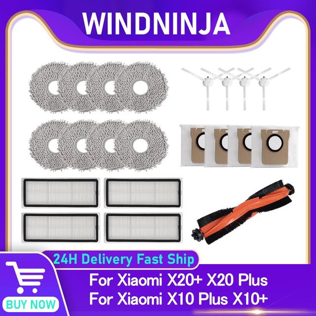 WINDNINJA Zubehör Set für Xiaomi Roboter Staubsauger X20, X20 Plus, X10 Plus und X10 mit Mopptüchern, Filtern, Seitenbürsten und Staubbeuteln - Bild 1
