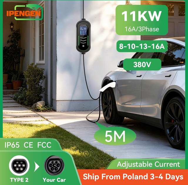 IPENGEN Tragbares EV-Ladegerät Typ2 11kW, 16A 3-phasig, Schwarz, 5m Kabel, Einstellbarer Strom, EVSE-Ladebox IEC 62196-2 - Bild 1