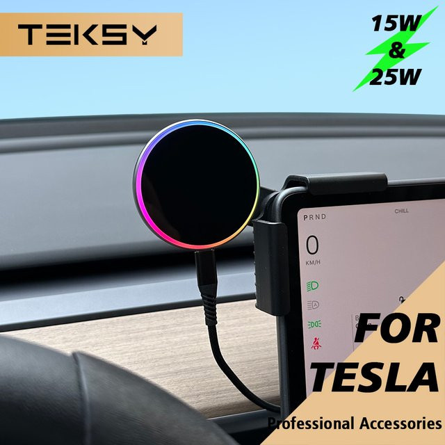 TEKSY Magnetische Auto-Handyhalterung mit 15W und 25W Qi2.2 kabellosem Ladegerät kompatibel mit MagSafe für Tesla Model Y und Model 3 Juniper in Schwarz - Bild 1