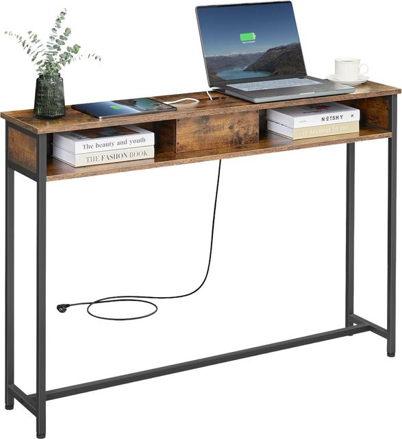 Songmics Konsolentisch Barnet im Industrie-Design mit Steckdosen, Braun-Schwarz, Holzoptik und Stahl - Bild 1